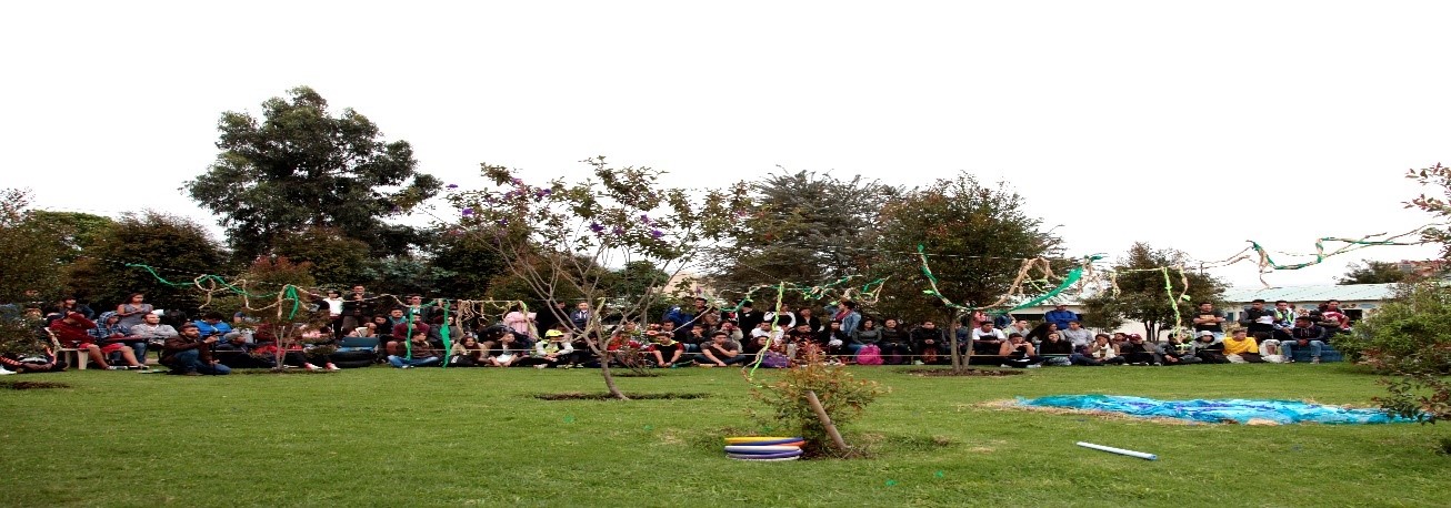 foto realizando una actividad en el prado verde con muchos estudiantes de Recreación.